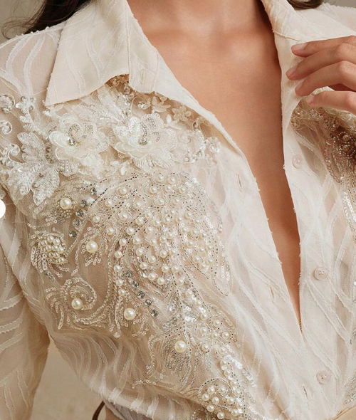 Anewsta French Vintage Embellished Dotted Floral Women Plus Size Long Sleeve Casual Sheer Textured Jacquard Blouse