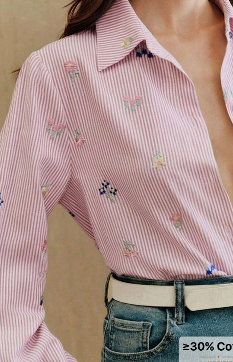 Anewsta Elegant Embroidered Design Pink Striped Casual Blouse For Women, Versatile Floral Work Outfit, Suitable For Spring To Summer