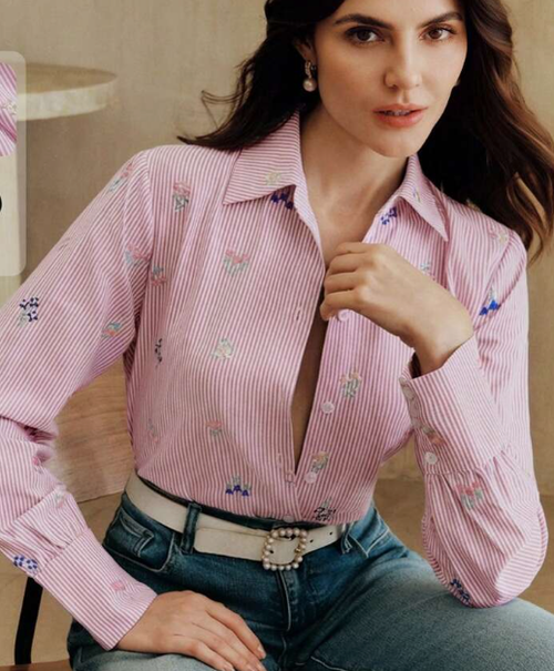 Anewsta Elegant Embroidered Design Pink Striped Casual Blouse For Women, Versatile Floral Work Outfit, Suitable For Spring To Summer