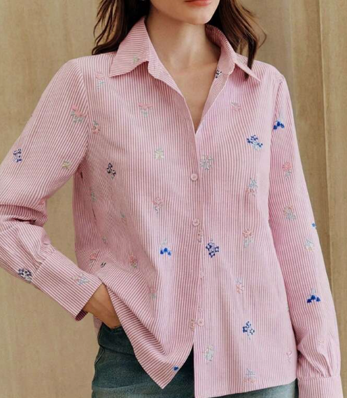 Anewsta Elegant Embroidered Design Pink Striped Casual Blouse For Women, Versatile Floral Work Outfit, Suitable For Spring To Summer