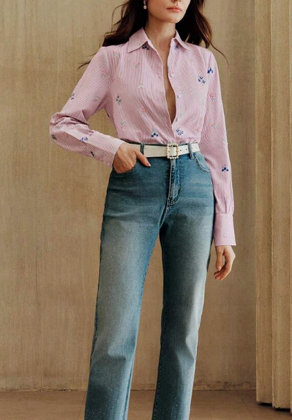 Anewsta Elegant Embroidered Design Pink Striped Casual Blouse For Women, Versatile Floral Work Outfit, Suitable For Spring To Summer