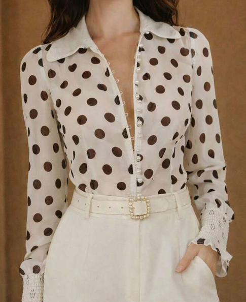 Anewsta Women's New Spring/Summer Vintage Polka Dot Elegant Blouse, Linen Rope Woven Pearl Button Petal Sleeve Gathered Cuff White Shirt, Professional Casual Intellectual Style